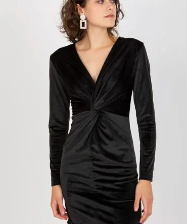 Rochie Mini din Catifea Neagră cu Nod în Față și Mâneci Lungi