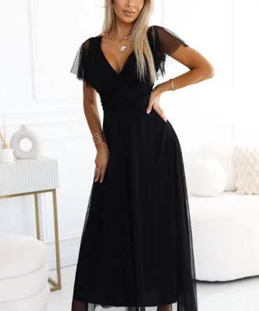 Rochie Tull Neagră Maxi de Seară cu Decolteu în V și Mâneci Fluture