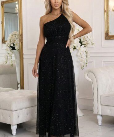 Rochie Lungă de Seară Neagră cu un Umăr și Sclipici
