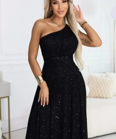 Rochie Lungă de Seară Neagră cu un Umăr și Sclipici – fotografia 2