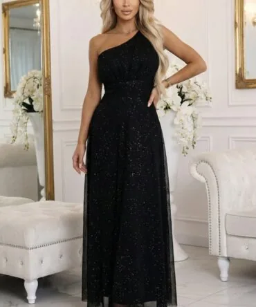 Rochie Lungă de Seară Neagră cu un Umăr și Sclipici