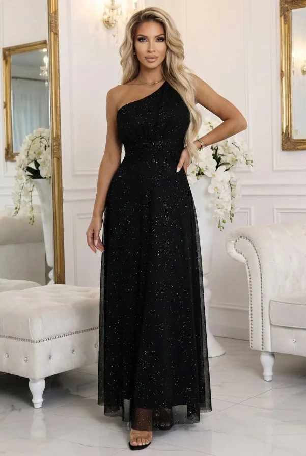 Rochie Lungă de Seară Neagră cu un Umăr și Sclipici