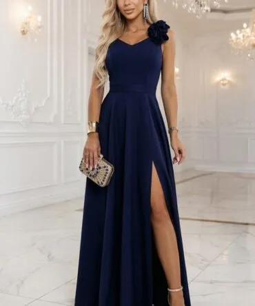 Rochie Maxi Elegantă de Seară cu Șliț și Trandafiri - Bleumarin