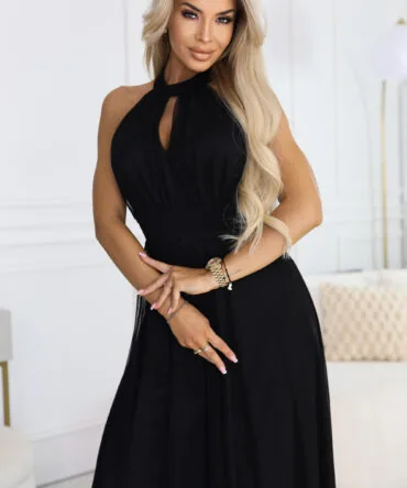 Rochie Maxi Halter Neagră din Tulle cu Legătură în Talie – fotografia 2