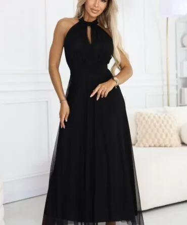 Rochie Maxi Halter Neagră din Tulle cu Legătură în Talie