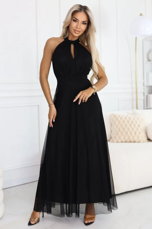 Rochie Maxi Halter Neagră din Tulle cu Legătură în Talie