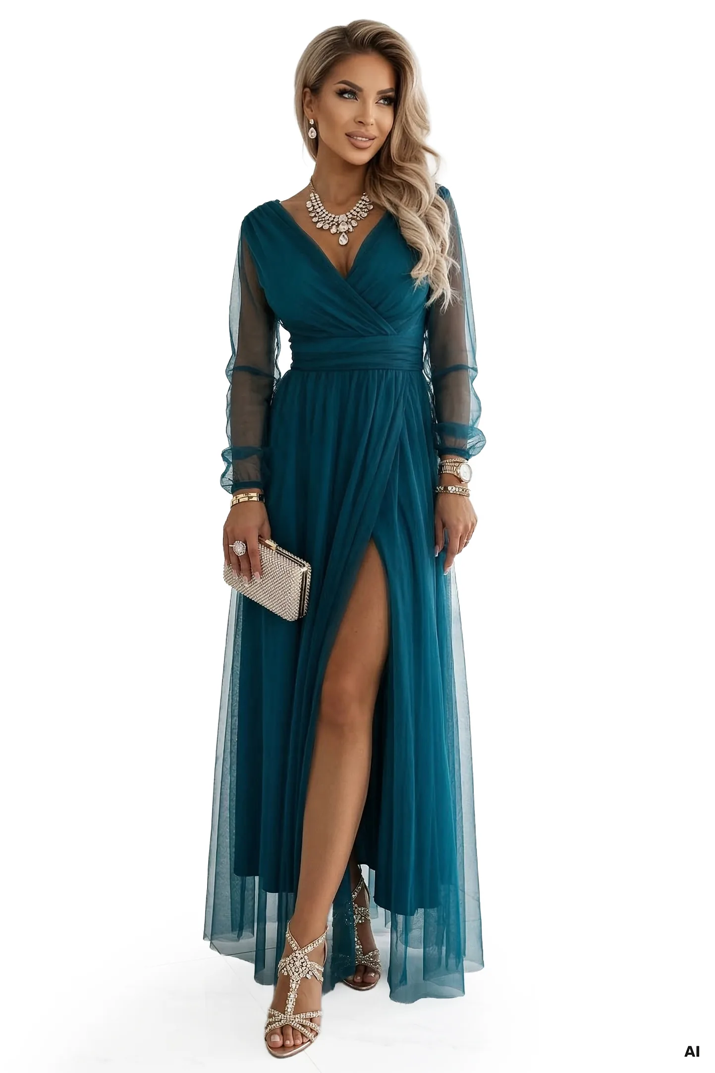 Rochie Maxi Lungă cu Mâneci din Tulle și Decolteu tip Plic – fotografia 10