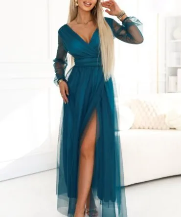 Rochie Maxi Lungă cu Mâneci din Tulle și Decolteu tip Plic