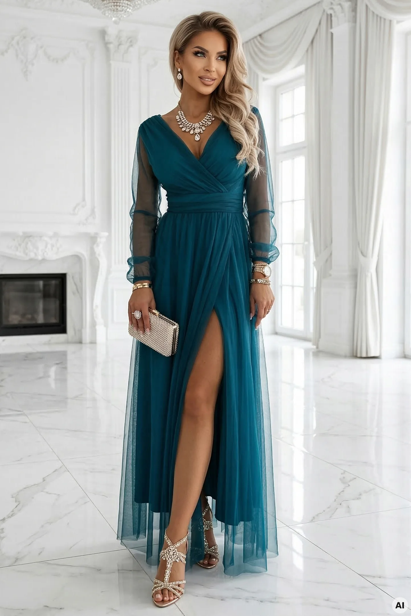 Rochie Maxi Lungă cu Mâneci din Tulle și Decolteu tip Plic – fotografia 6