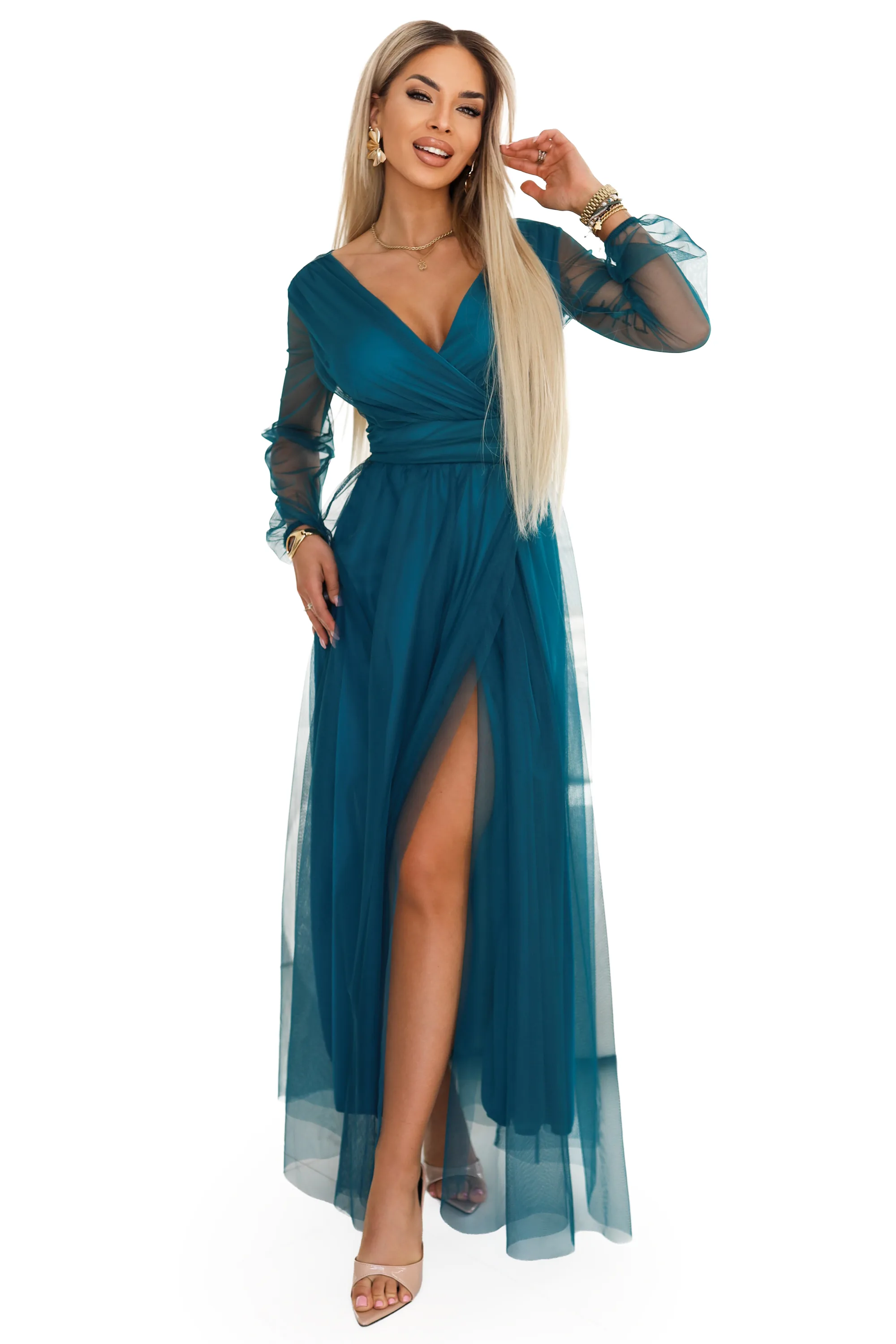 Rochie Maxi Lungă cu Mâneci din Tulle și Decolteu tip Plic – fotografia 9