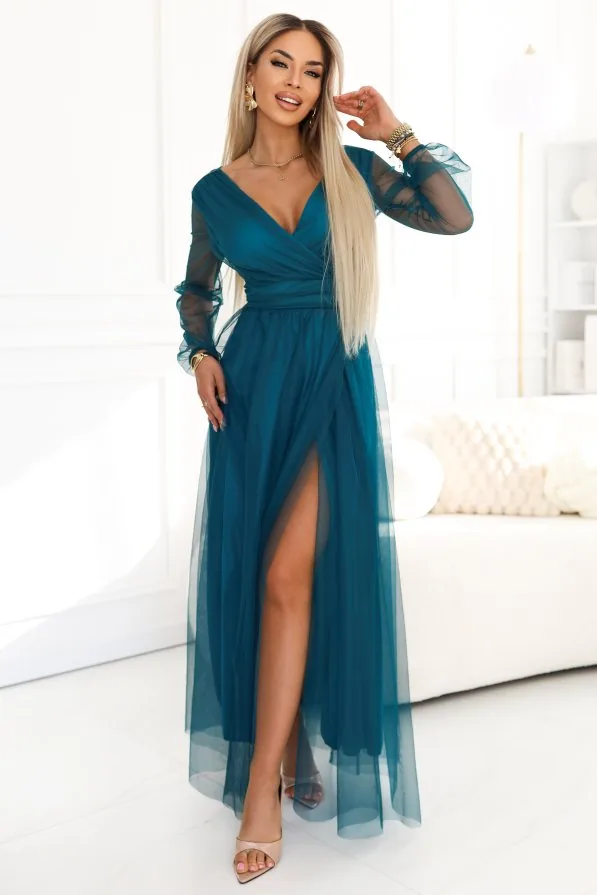 Rochie Maxi Lungă cu Mâneci din Tulle și Decolteu tip Plic