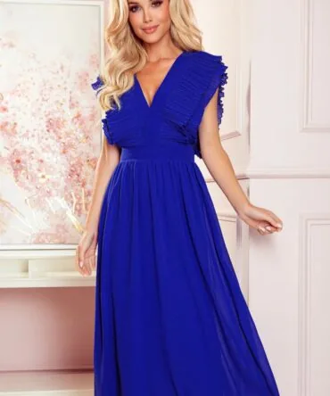 Rochie Midi Elegantă Albastru Royal cu Volane Plisate