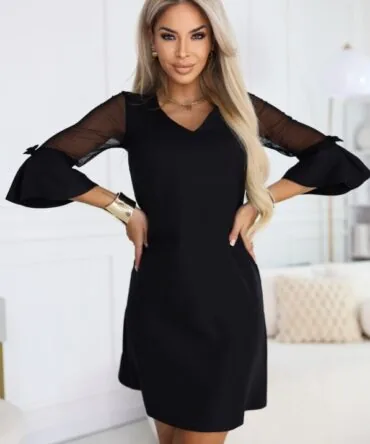 Rochie Trapez cu Sclipici, Mâneci din Tulle și Decolteu V