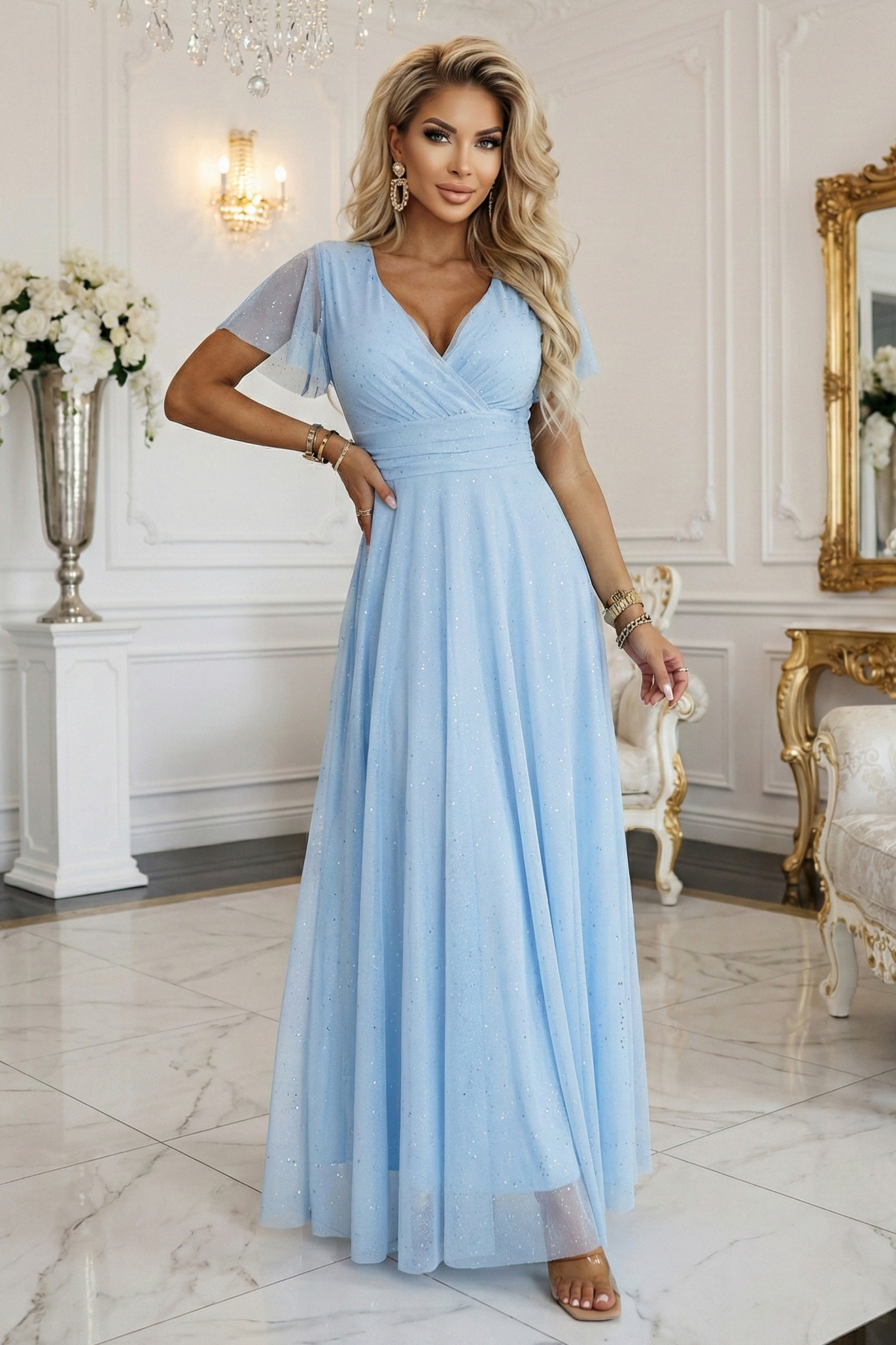 Rochie lunga bleu cu decolteu elegant