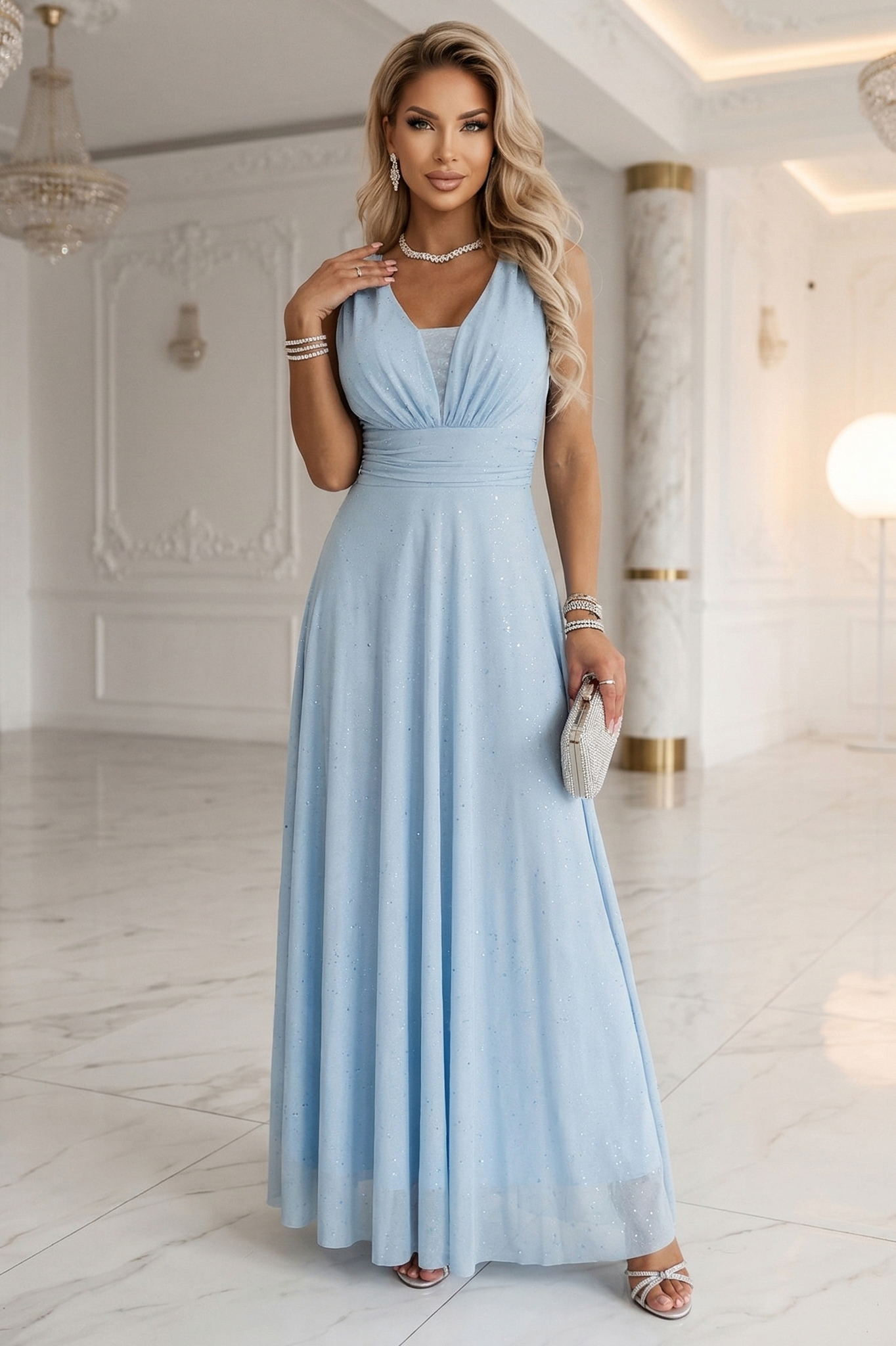 Rochie maxi bleu din brocart cu decolteu adanc