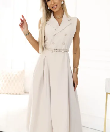 Rochie cămașă midi bej cu nasturi aurii