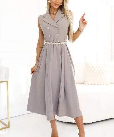 Rochie cămașă midi bej-gri cu curea aurie
