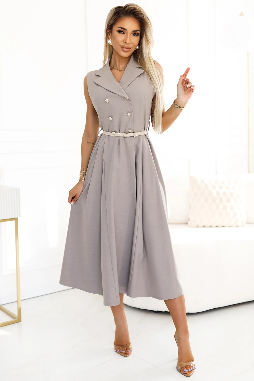 Rochie cămașă midi bej-gri cu curea aurie