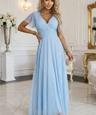 Rochie lungă bleu cu decolteu elegant