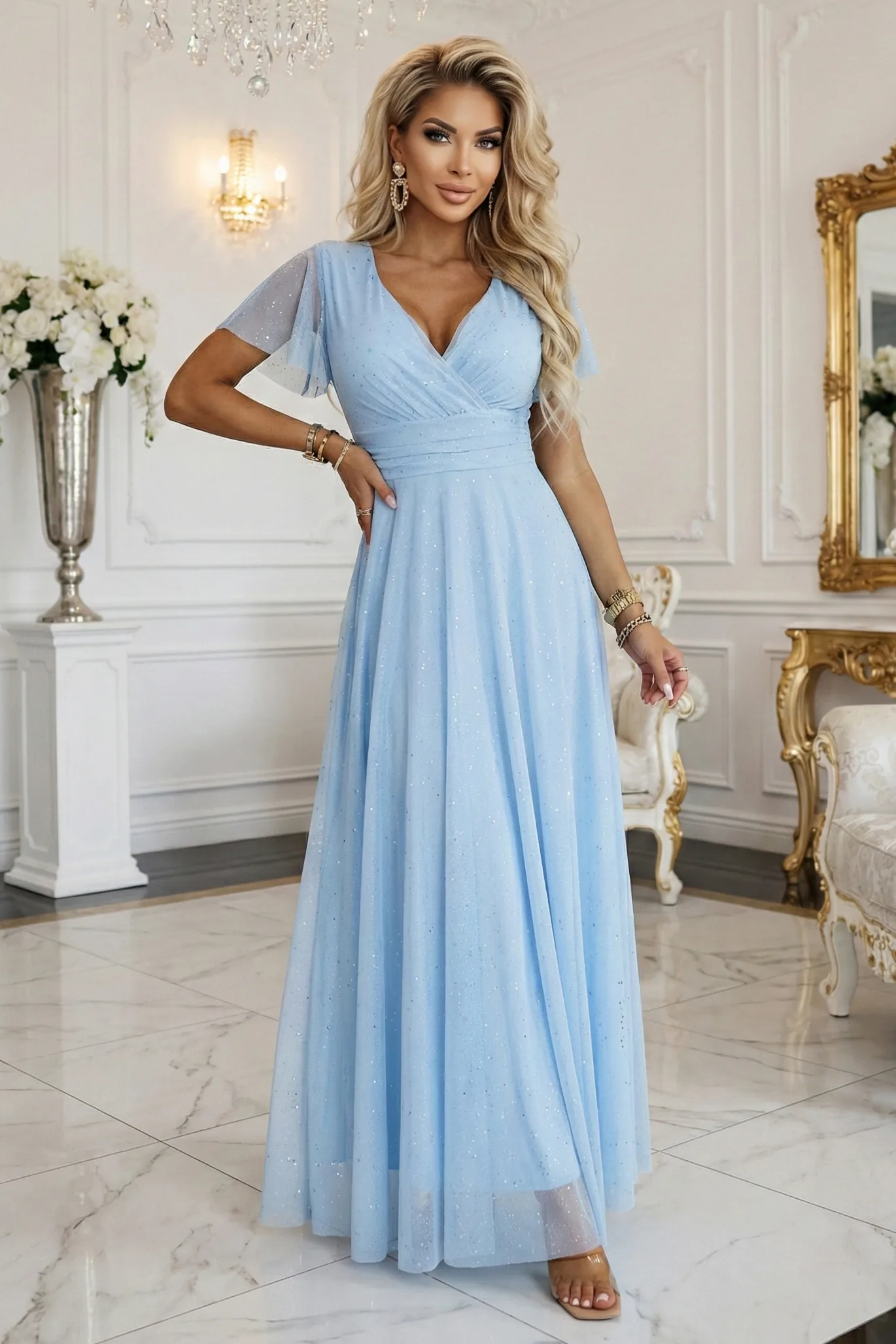 Rochie lungă bleu cu decolteu elegant