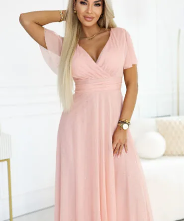 Rochie lungă piersică cu decolteu elegant – fotografia 2