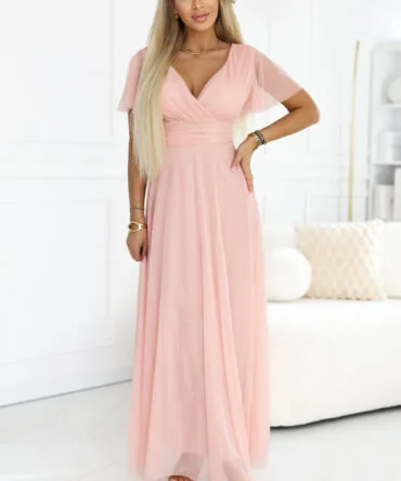 Rochie lungă piersică cu decolteu elegant
