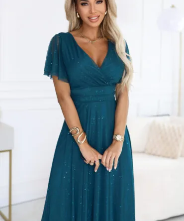 Rochie lungă verde sticlă cu decolteu elegant – fotografia 2