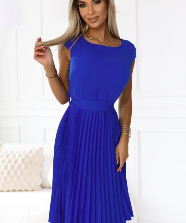Rochie plisată albastru intens cu mânecă scurtă