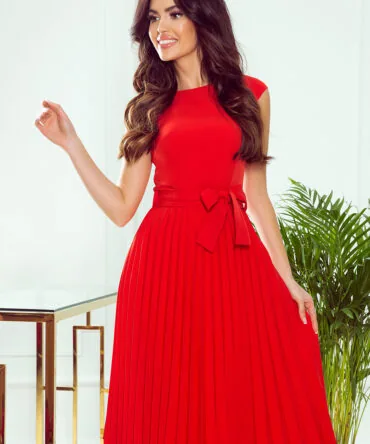 Rochie plisată roșie cu mânecă scurtă