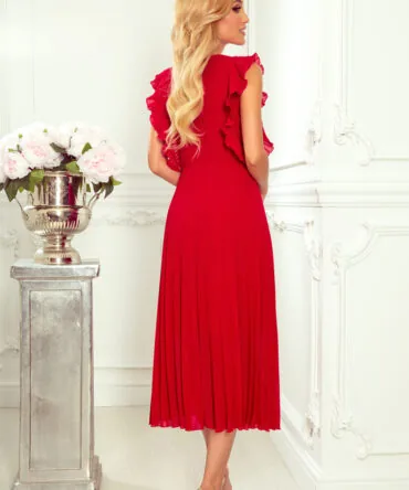Rochie plisată roșie cu volane și decolteu – fotografia 2
