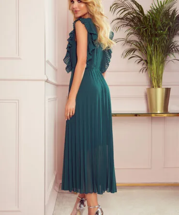 Rochie plisată verde cu volane și decolteu – fotografia 2