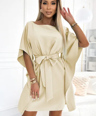 Rochie tip fluture bej cu cordon în talie