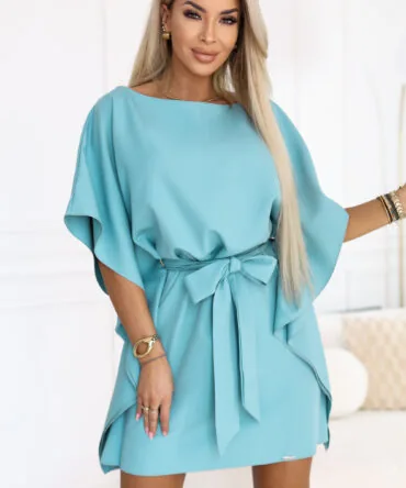 Rochie tip fluture bleumarin cu cordon în talie