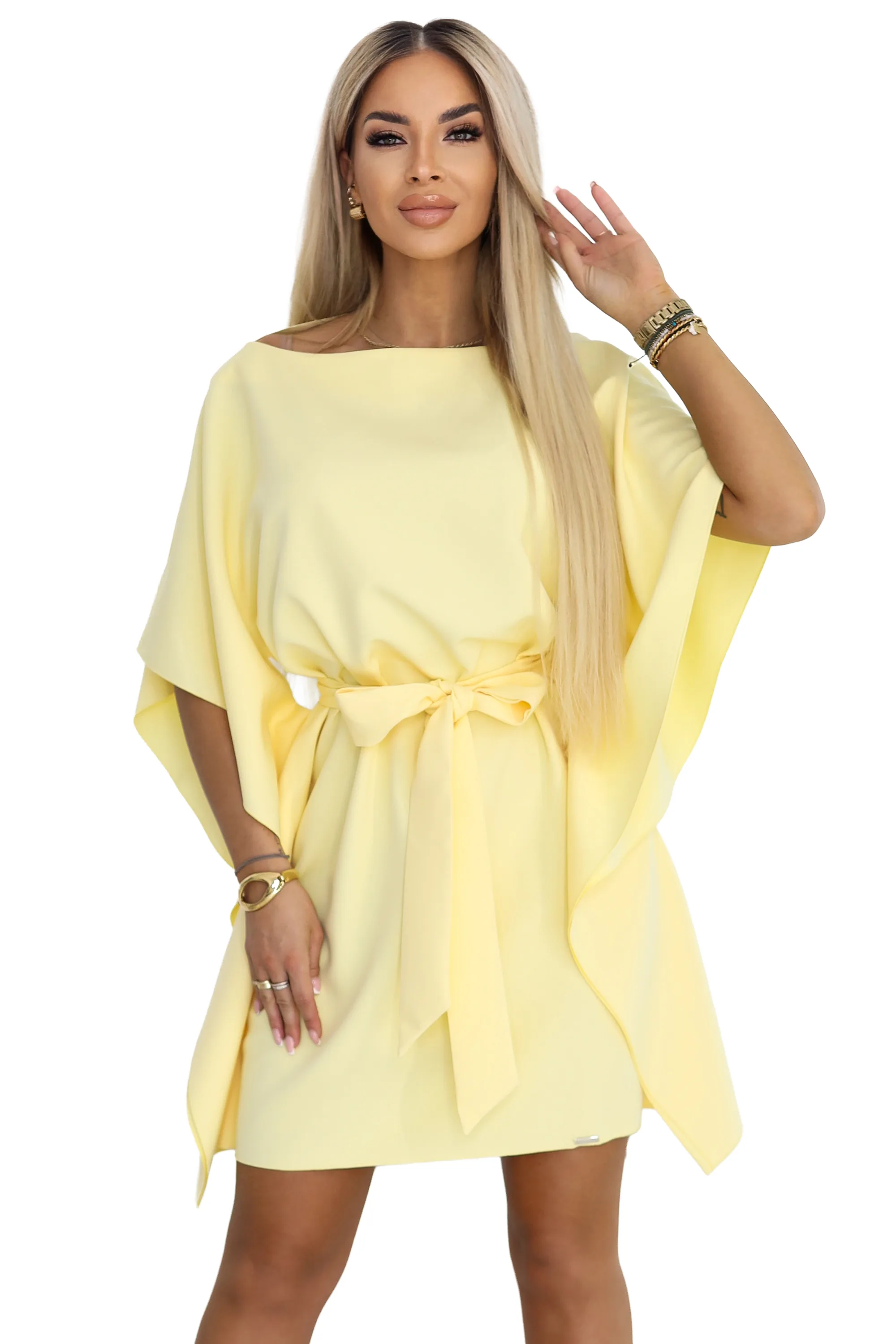Rochie tip fluture galben lămâie cu cordon în talie – fotografia 9