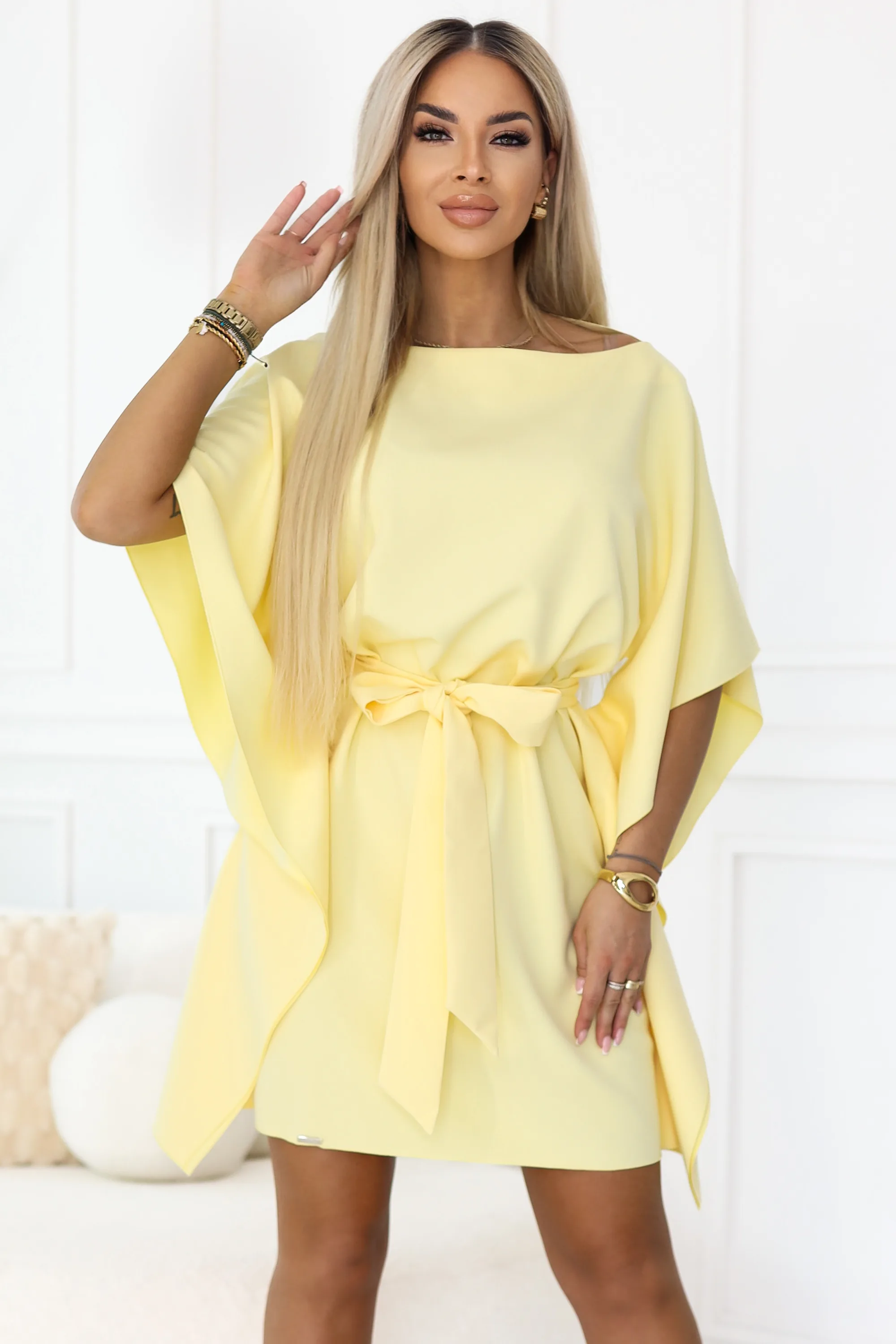 Rochie tip fluture galben lămâie cu cordon în talie