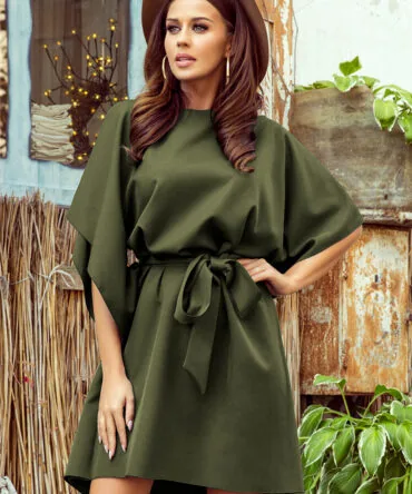 Rochie tip fluture kaki cu cordon în talie