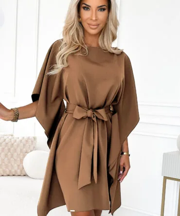 Rochie tip fluture maro cu cordon în talie