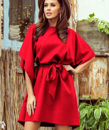 Rochie tip fluture roșie cu cordon în talie