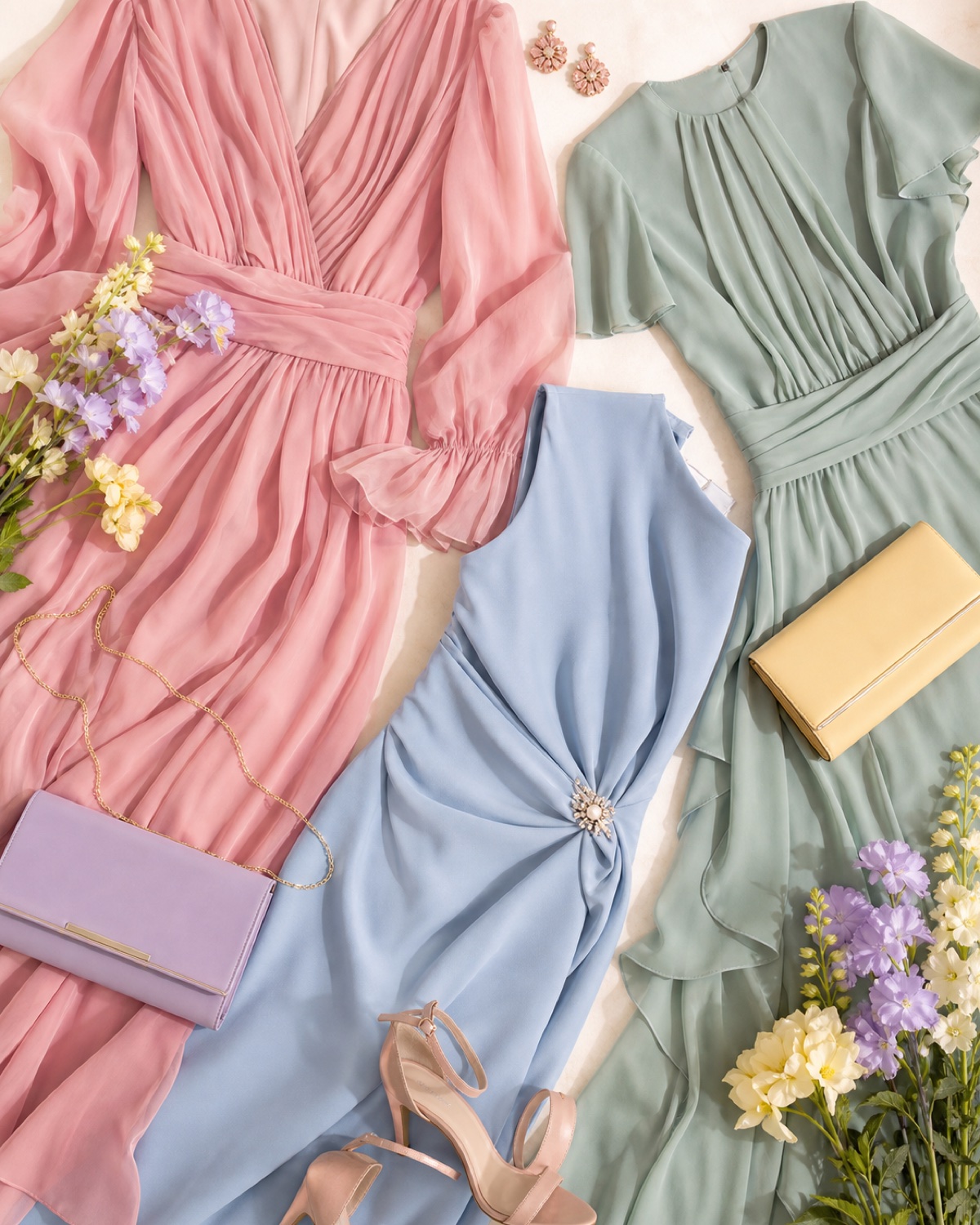 Paleta de culori pastel potrivite pentru o ținută de botez: roz prăfuit, bleu, verde salvie