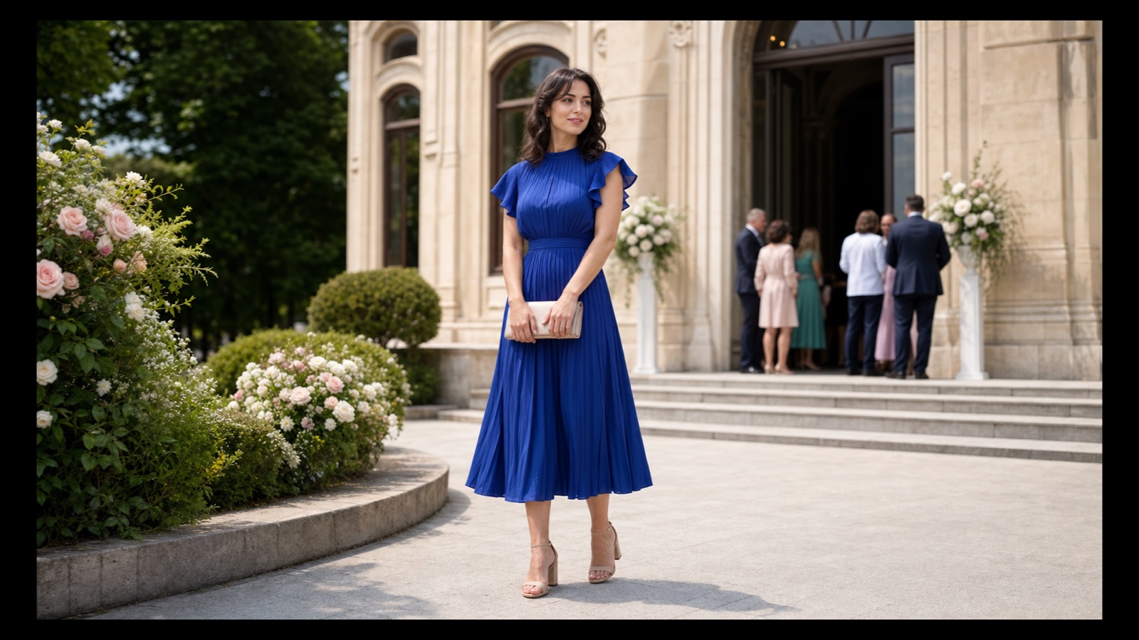 Invitată la cununia civilă într-o rochie midi albastru royal, în fața stării civile