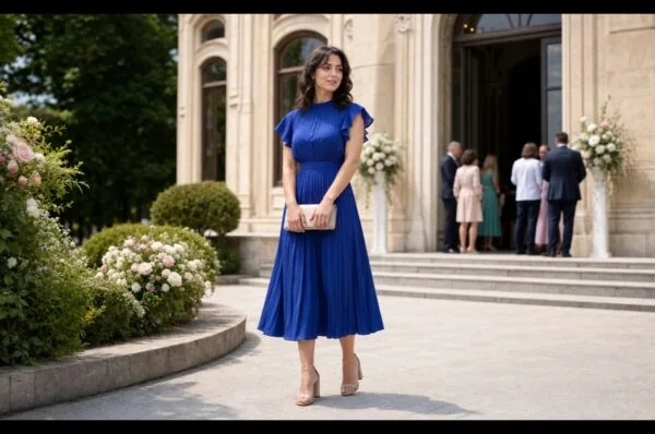 Invitată la cununia civilă într-o rochie midi albastru royal, în fața stării civile