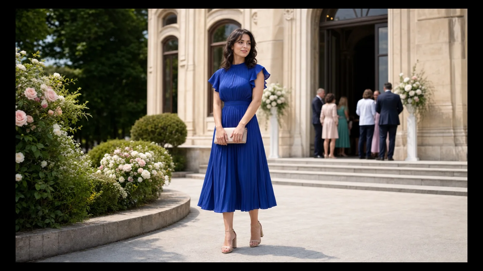 Invitată la cununia civilă într-o rochie midi albastru royal, în fața stării civile