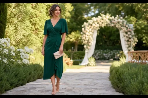 Invitată la nuntă într-o rochie midi elegantă, într-o grădină de eveniment
