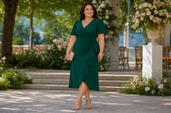 Invitată la nuntă într-o rochie midi petrecută verde smarald, disponibilă în mărimi mari