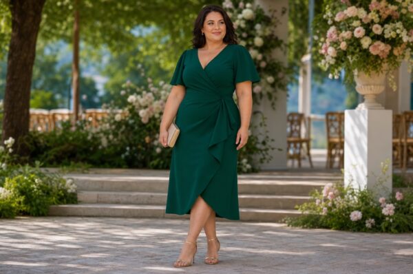 Invitată la nuntă într-o rochie midi petrecută verde smarald, disponibilă în mărimi mari