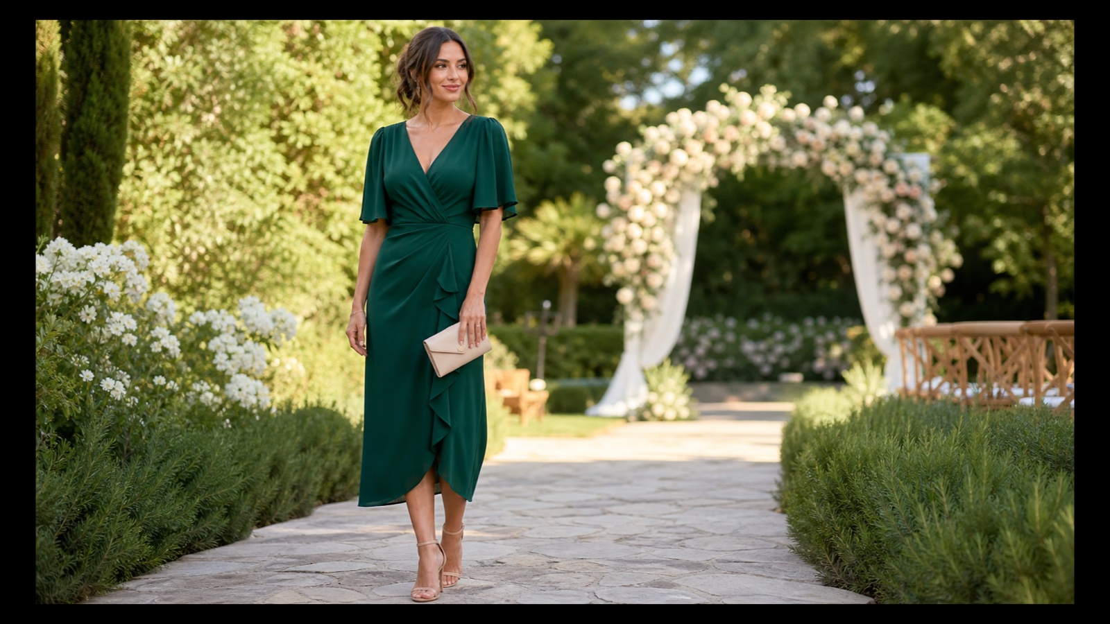 Invitată la nuntă într-o rochie midi elegantă, într-o grădină de eveniment