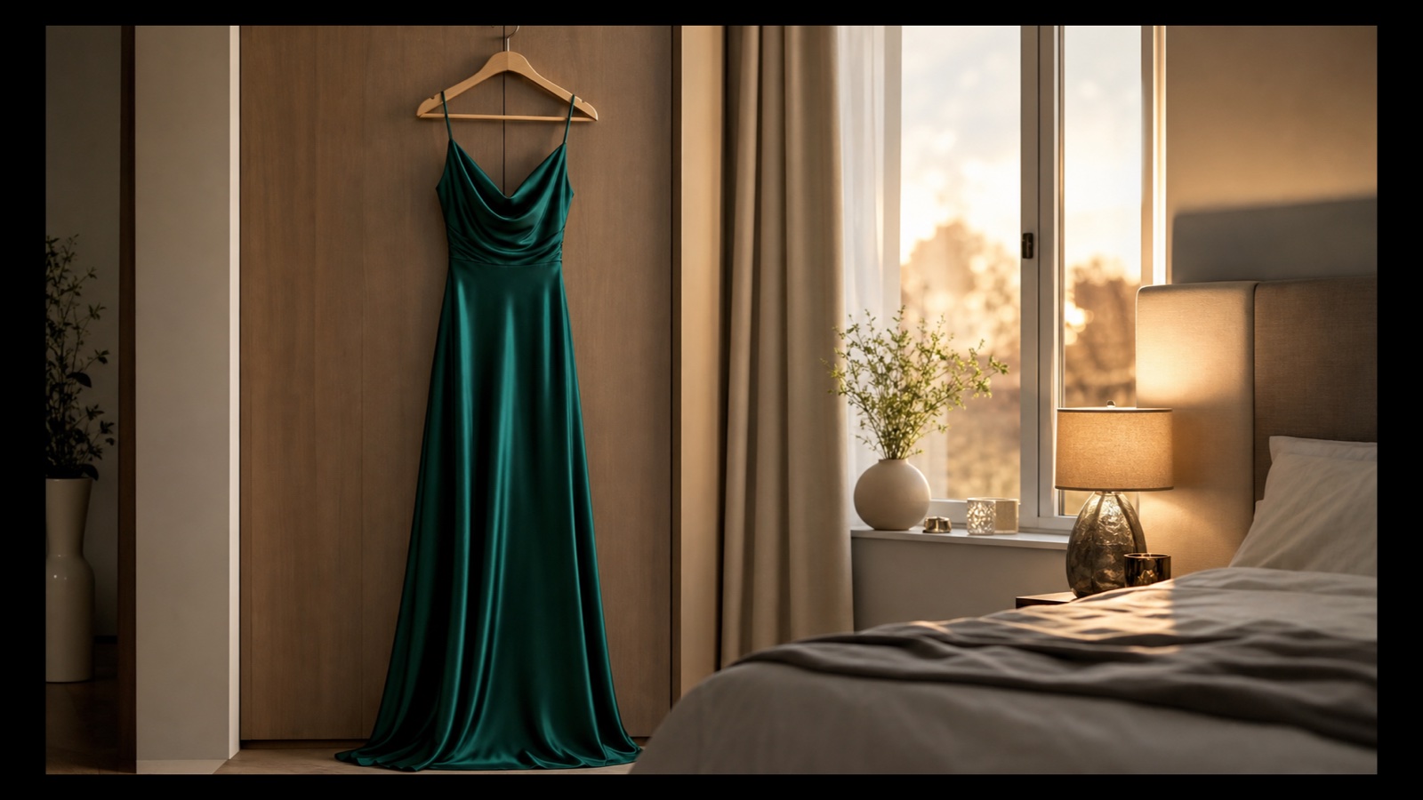 Rochie de seară elegantă pe umeraș, pregătită pentru un eveniment