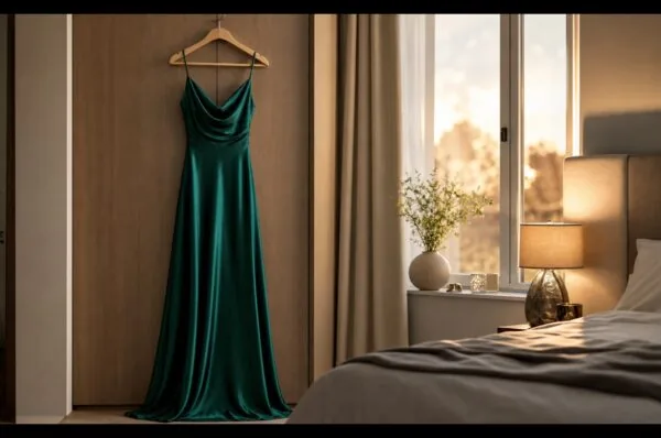 Rochie de seară elegantă pe umeraș, pregătită pentru un eveniment