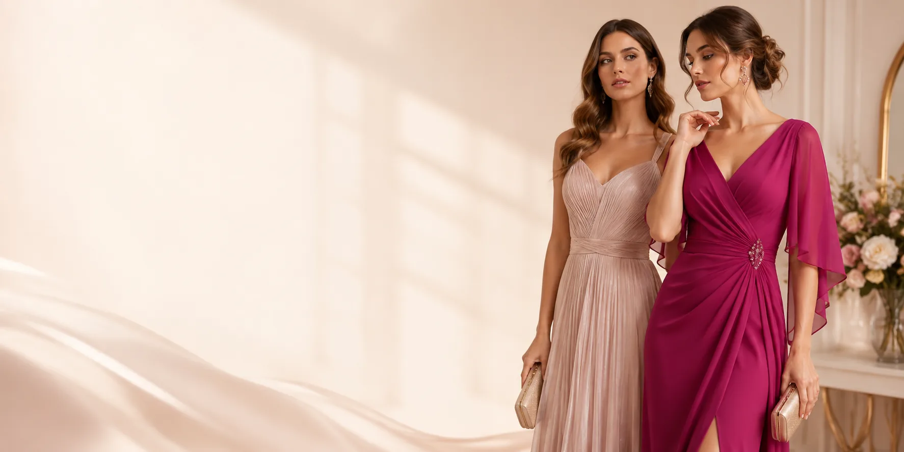 Două femei în rochii lungi de seară, roz pudrat și fucsia, într-un decor elegant