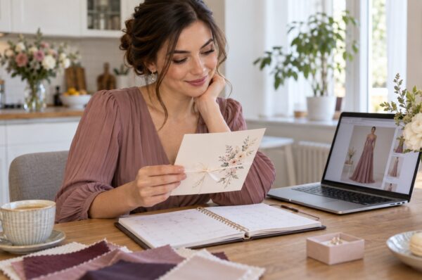 Femeie cu invitația de nuntă și calendarul, comandând o rochie de pe laptop